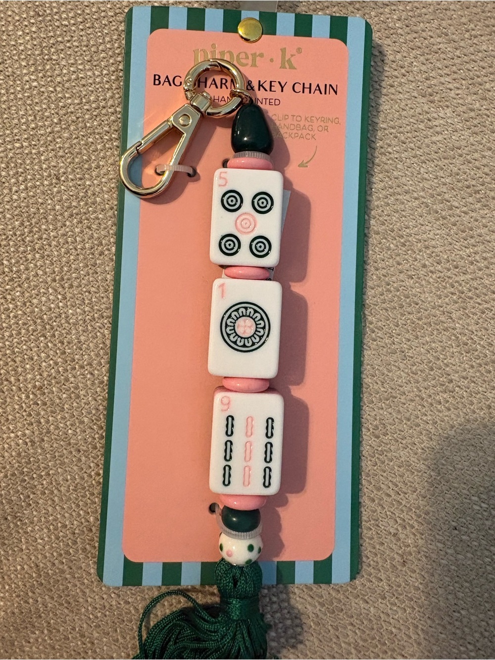 Piper k Pink & White Mahjong Tile Bag Charm Key Chain